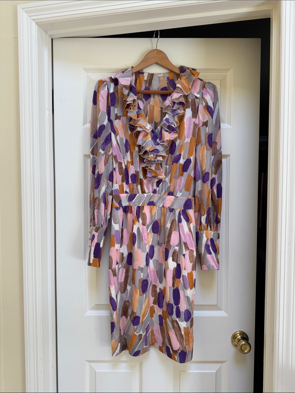 Escada Vintage Silk Multicolor Ruffle V-Neck Long Sleeve Dress